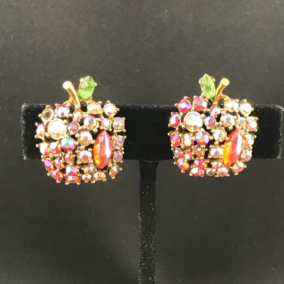 Art Jewelry - Vintage Art AB stone apple clip earrings